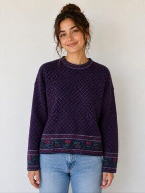 Laura Ashley Vintage Womens 100% Wool Floral Isle Knit Sweater Size M/L EUC